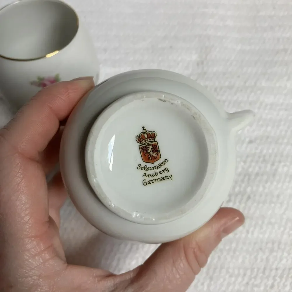 Pink Floral Sugar Creamer Set Gold Rimmed Schumann Arzberg Germany Vintage